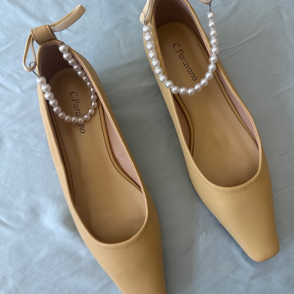C. Paravano leather low heeled pearl ankle strap shoes
